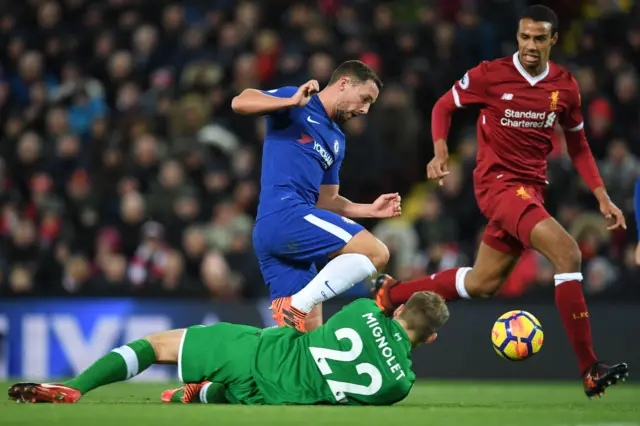 Simon Mignolet saves from Danny Drinkwater