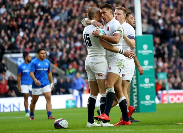 Mike Brown scores for England