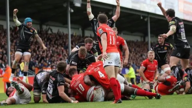 Exeter beating Saracens in the Premiership semis in 2016-17