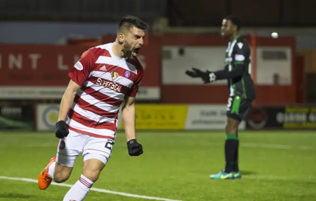 Hamilton's Antonio Rojano celebrates his equaliser against Hibs