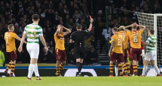 Cedric Kipre is sent off by referee Craig Thomson