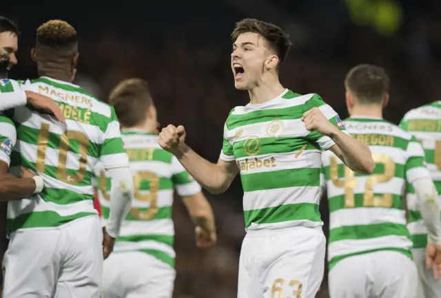 Kieran Tierney celebrates Celtic's second goal at Hampden