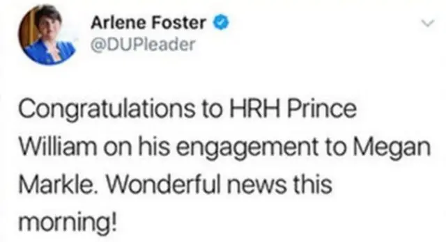 A screencap of the tweet in question from Arlene Foster