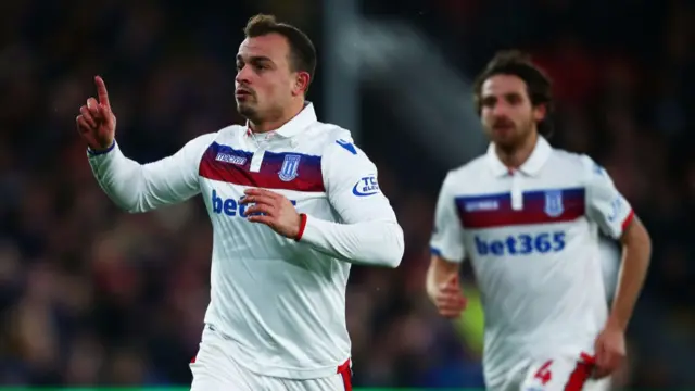 Xherdan Shaqiri of Stoke City celebrates scoring his side's first goal