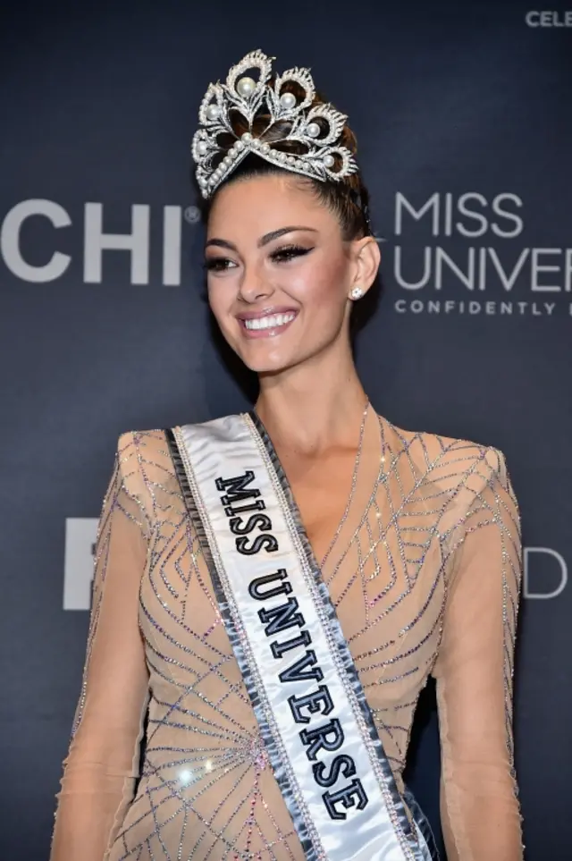 Miss Universe 2017 Demi-Leigh Nel-Peters appears in the press room after the 2017 Miss Universe Pageant at The Axis at Planet Hollywood Resort ^ Casino on November 26, 2017 in Las Vegas, Nevada.