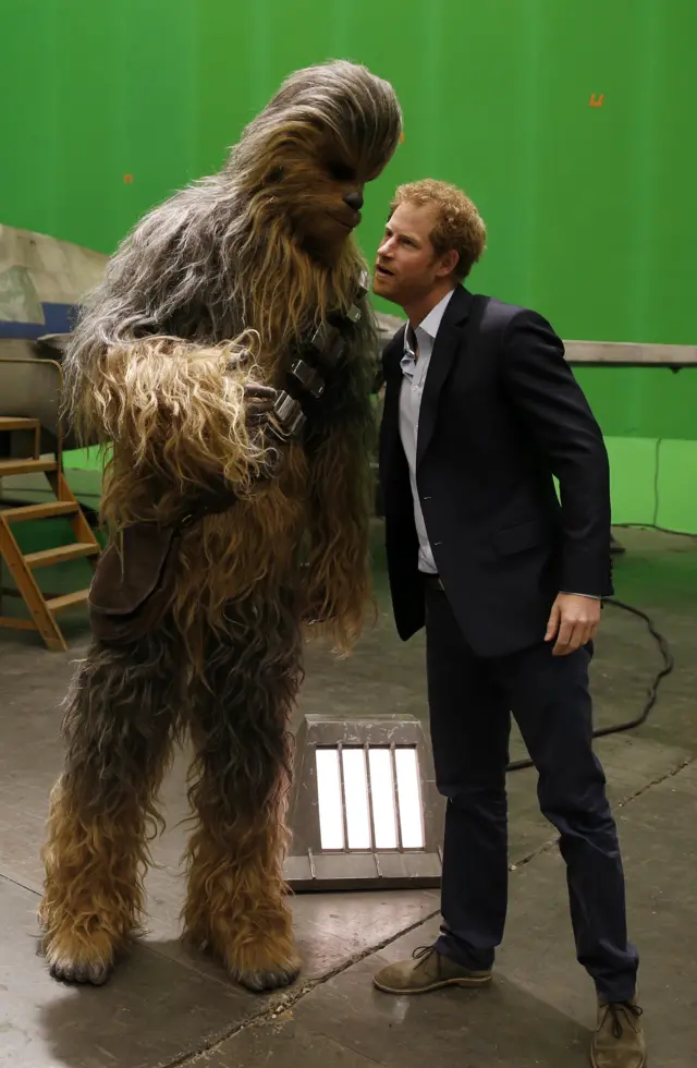 Prince Harry and Chewbacca on set at Pinewood last year