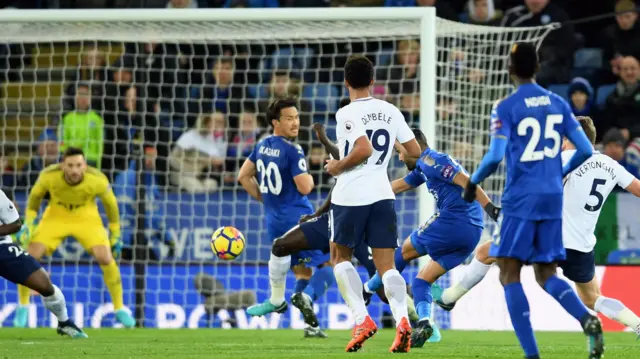 Riyad Mahrez scores Leicester's second goal against Tottenham