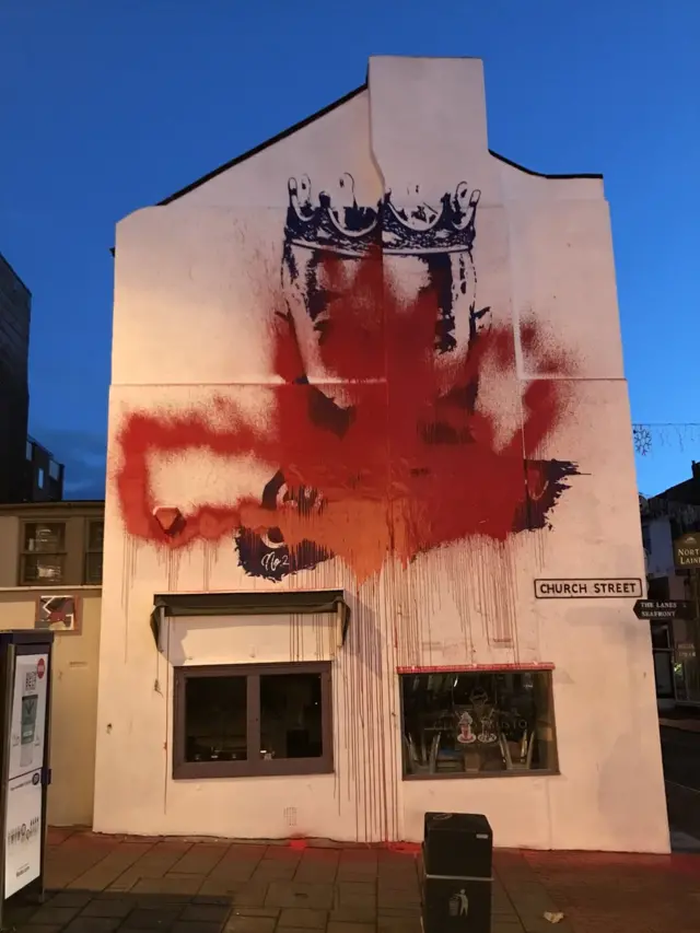 Bruno mural daubed with red paint