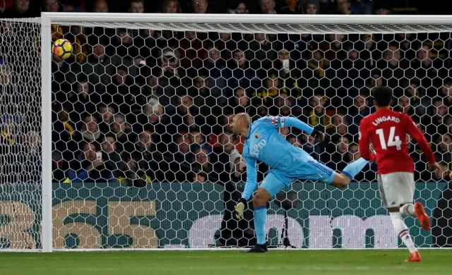 Heurelho Gomes is beaten by Ashley Young's free kick