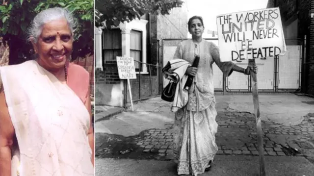 Jayaben Desai, pictured in 2001 and 1977