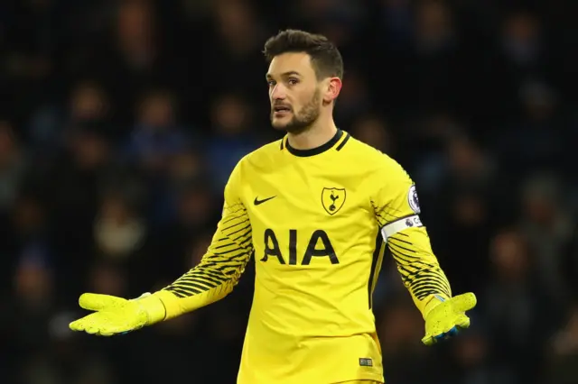 Spurs keeper Hugo Lloris reacts after his side goes 2-0 down against Leicester