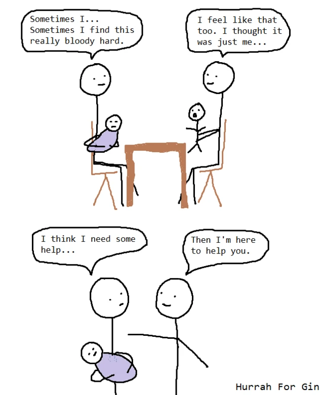 Stick drawing of mums talking to each other and offering support to a struggling mum.