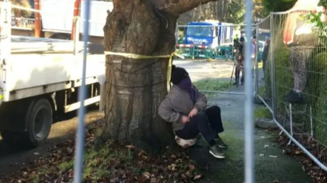 Protester sat near tree