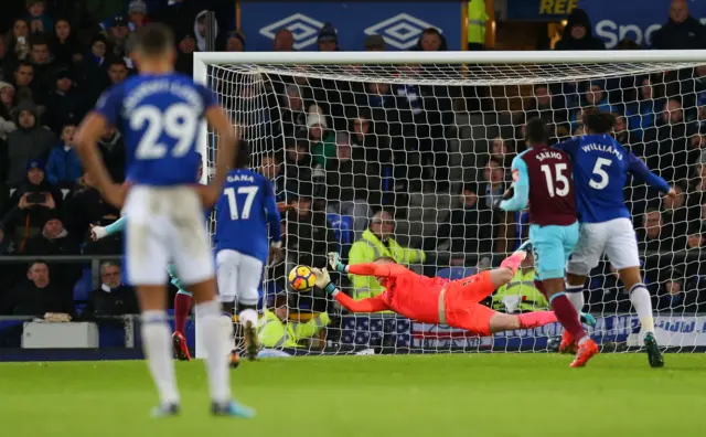 Jordan Pickford of Everton saves a penalty