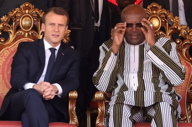 French President Emmanuel Macron (L) Burkina Faso President Roch Marc Kabore (R)