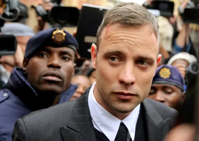 Olympic and Paralympic track star Oscar Pistorius leaves court after appearing for the 2013 killing of his girlfriend Reeva Steenkamp in the North Gauteng High Court in Pretoria, South Africa, June 14, 2016.