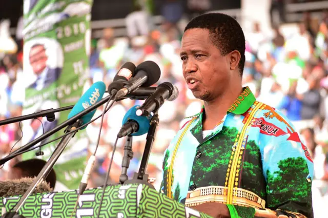 President Edgar Lungu addresses tens of thousands of supporters on May 21, 2016 at the Heroes Stadium in Lusaka