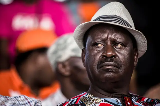 Kenya's opposition leader, Raila Odinga looks on as he attends a rally on October 25, 2017 at Uhuru Park in the capital Nairobi