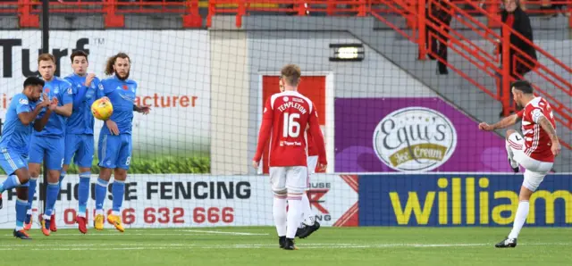 Dougie Imrie (right) curls his free-kick over the wall to open the scoring for Hamilton