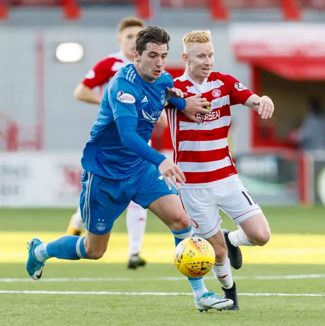 Aberdeen's Kenny McLean (left) battles for the ball with Hamilton's Ali Crawford