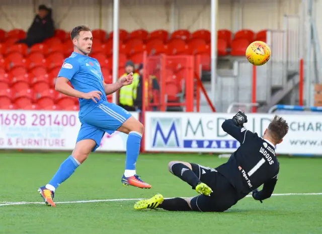 Greg Stewart watches as his chip beats Gary Woods for Aberdeen's equaliser