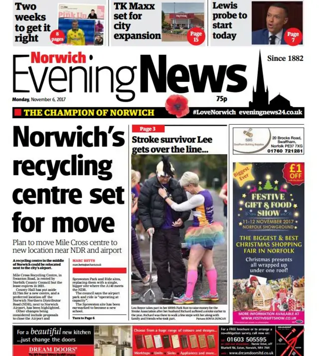 Front page of the Norwich Evening News