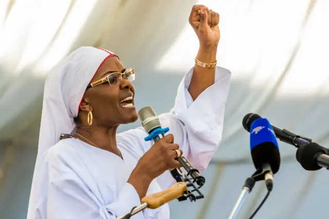 Zimbabwe First Lady Grace Mugabe gestures as she addresses Zimbabwean worshippers and congregants from various indigenous church denominations at a religious gathering rally organised by Zimbabwean ruling party Zimbabwe African National Union- Patriotic Front