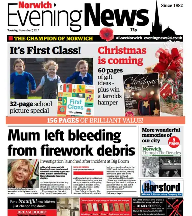 Front page of the Norwich Evening News