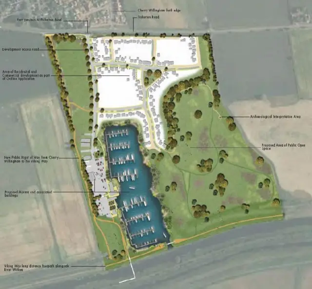 A map of the plan featuring marina, green space and homes between the River Witham and Fiskerton Road