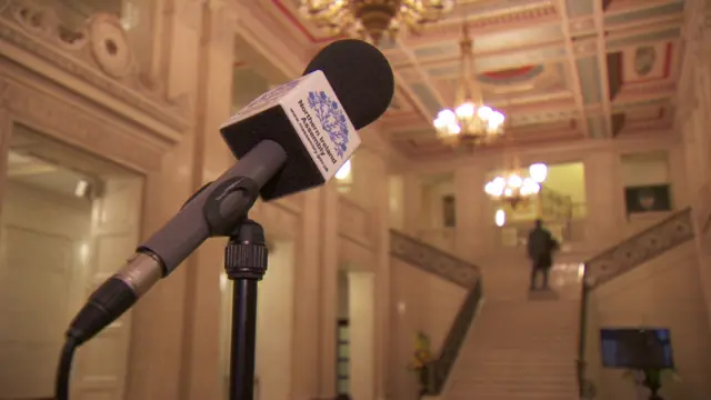 A microphone in the Great Hall at Stormont's Parliament Buildings