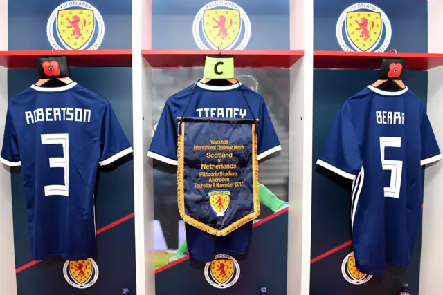 The Scotland shirts of Andy Robertson, Kieran Tierney and Christophe Berra