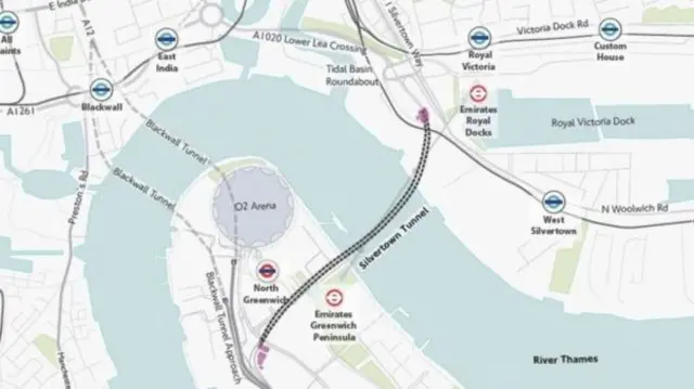 Planned route for the Silvertown Tunnel