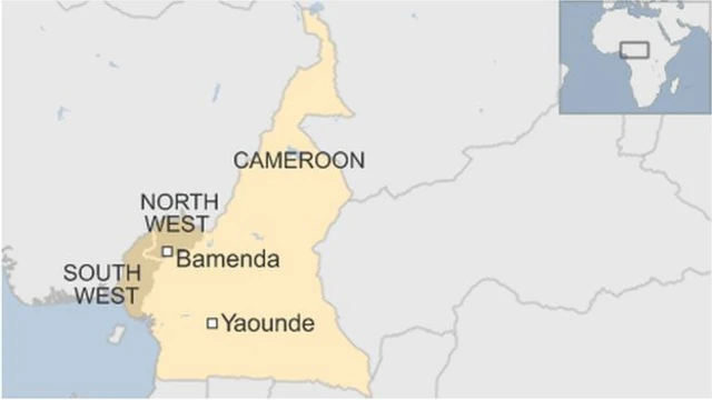 Map of Cameroon showing the North-West and South-West regions