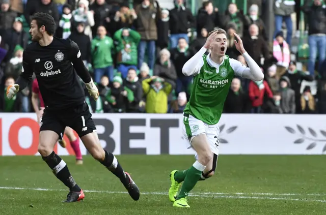 Hibs striker Oli Shaw had a stoppage-time shot cleared by defender Mikael Lustig