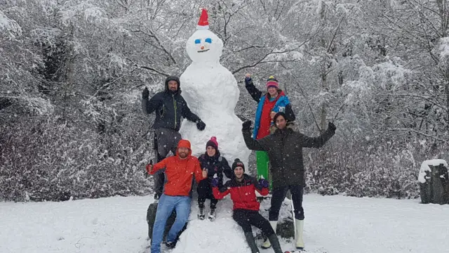 Rhys Owen was helped to build this massive snowman in Dolerw Park, Newtown.