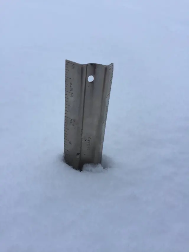 A snow stick shows 20cm of snowfall in the Brecon Beacons