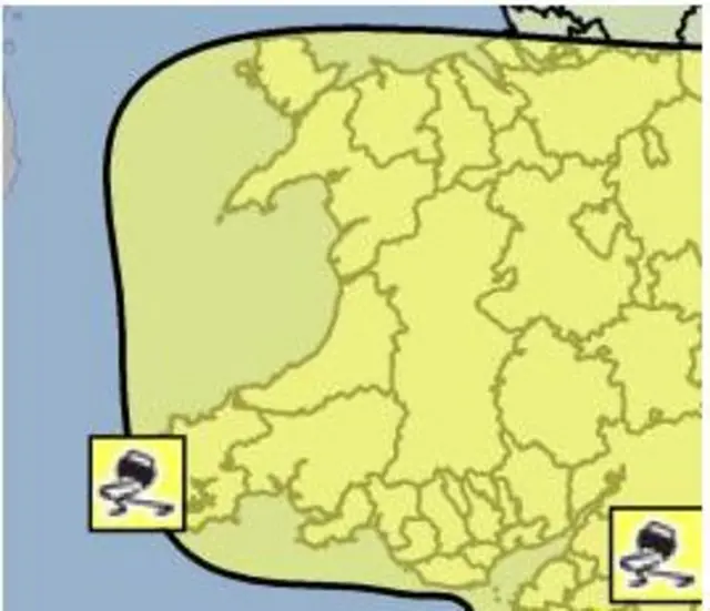 Map showing the ice warning for Monday