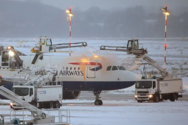 British Airways flight being de-iced in Dusseldorf on Sunday