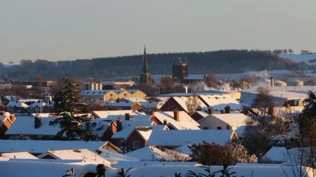 Snow-covered rooftops in Hereford on Monday 11 December