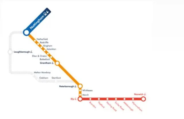 Norwich-Ely-Peterborough-Nottingham train route