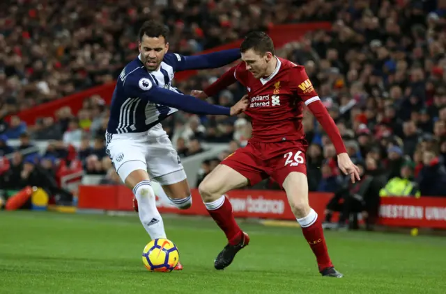 West Bromwich Albion's Hal Robson-Kanu and Liverpool's Andrew Robertson