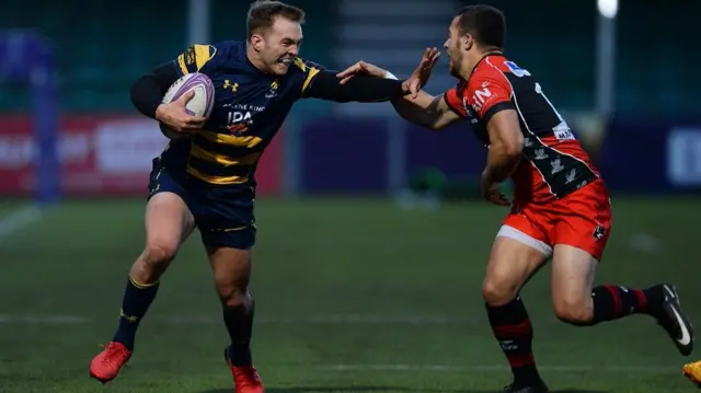 Perry Humphreys of Worcester Warriors in action during the European Rugby Challenge Cup with Oyonnax