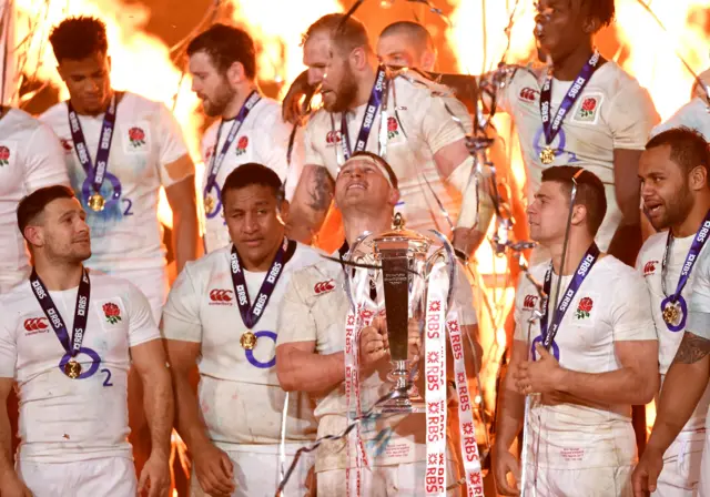 England captain Dylan Hartley lifts the 2017 Six Nations trophy