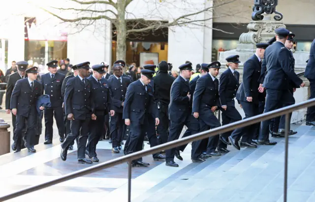 Firefighters arrive to pay their respects