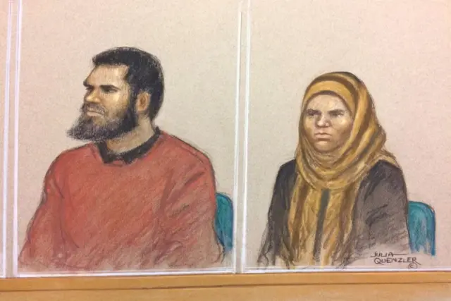 Court artist sketch of Munir Mohamed and Rowaida El-Hassan