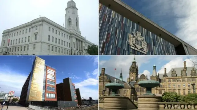 Composite image of Barnsley, Doncaster, Rotherham and Sheffield Town Halls