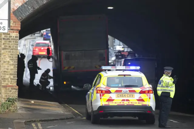 Lorry stuck under bridge, Hove