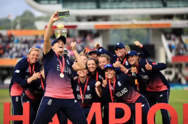 Katherine Brunt takes a selfie as England women's cricket team celebrate winning the World Cup