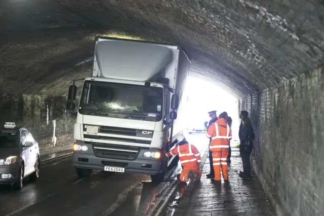 Lorry stuck in bridge, Hove