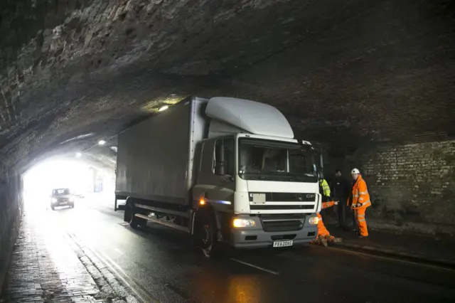 Lorry stuck under bridge, Hove